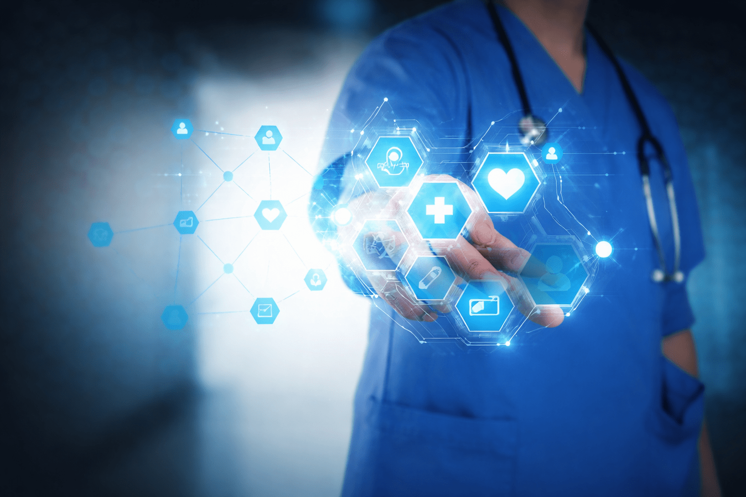 Doctor Using Virtual Healthcare Interface with Medical Icons and Data Overlays