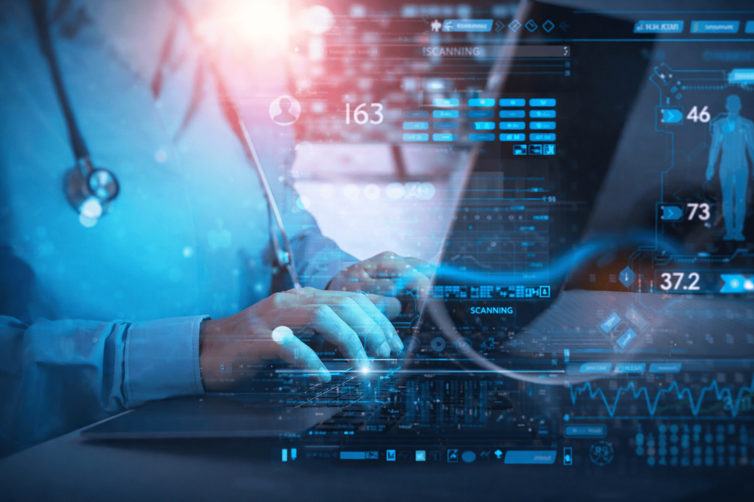 Medical Professional Interacting with Digital Healthcare Data and Analytics