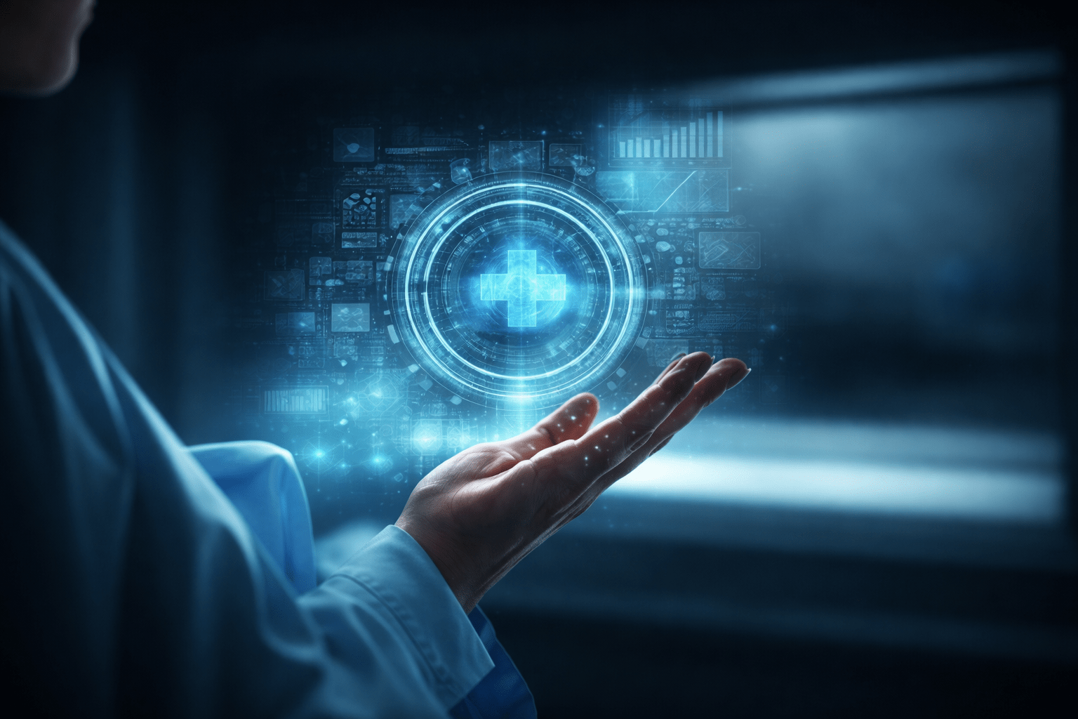 Doctor Interacting with Digital Healthcare Analytics and Virtual Medical Interface