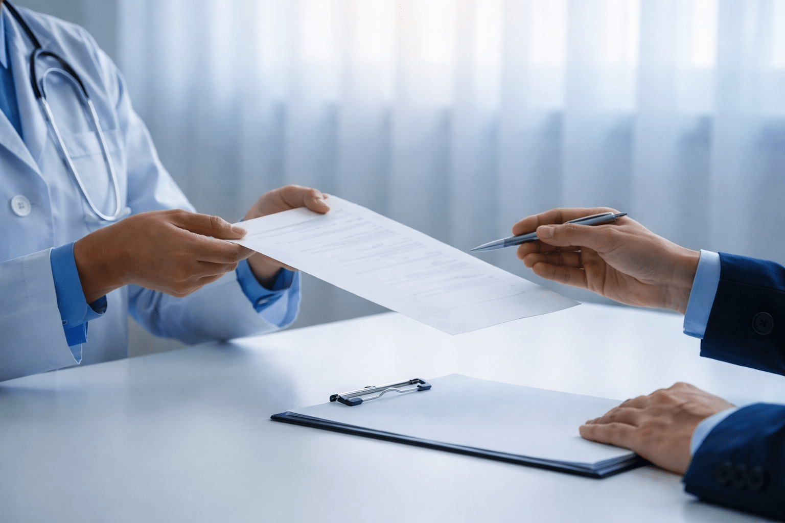 Healthcare Professional Handing Over Documents During a Medical or Billing Discussion