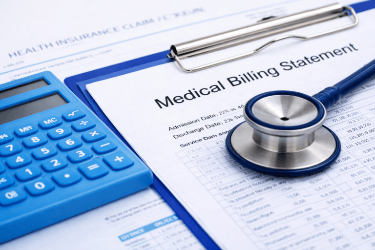Medical Billing Statement with Stethoscope and Calculator on Desk