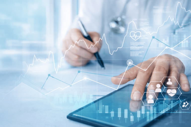 Doctor Writing on a Tablet with Healthcare Analytics and Performance Graph Overlay