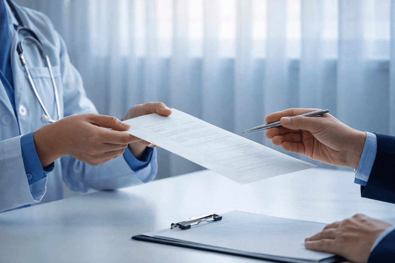 Healthcare Professional Handing Documents During a Medical Billing or Administrative Review