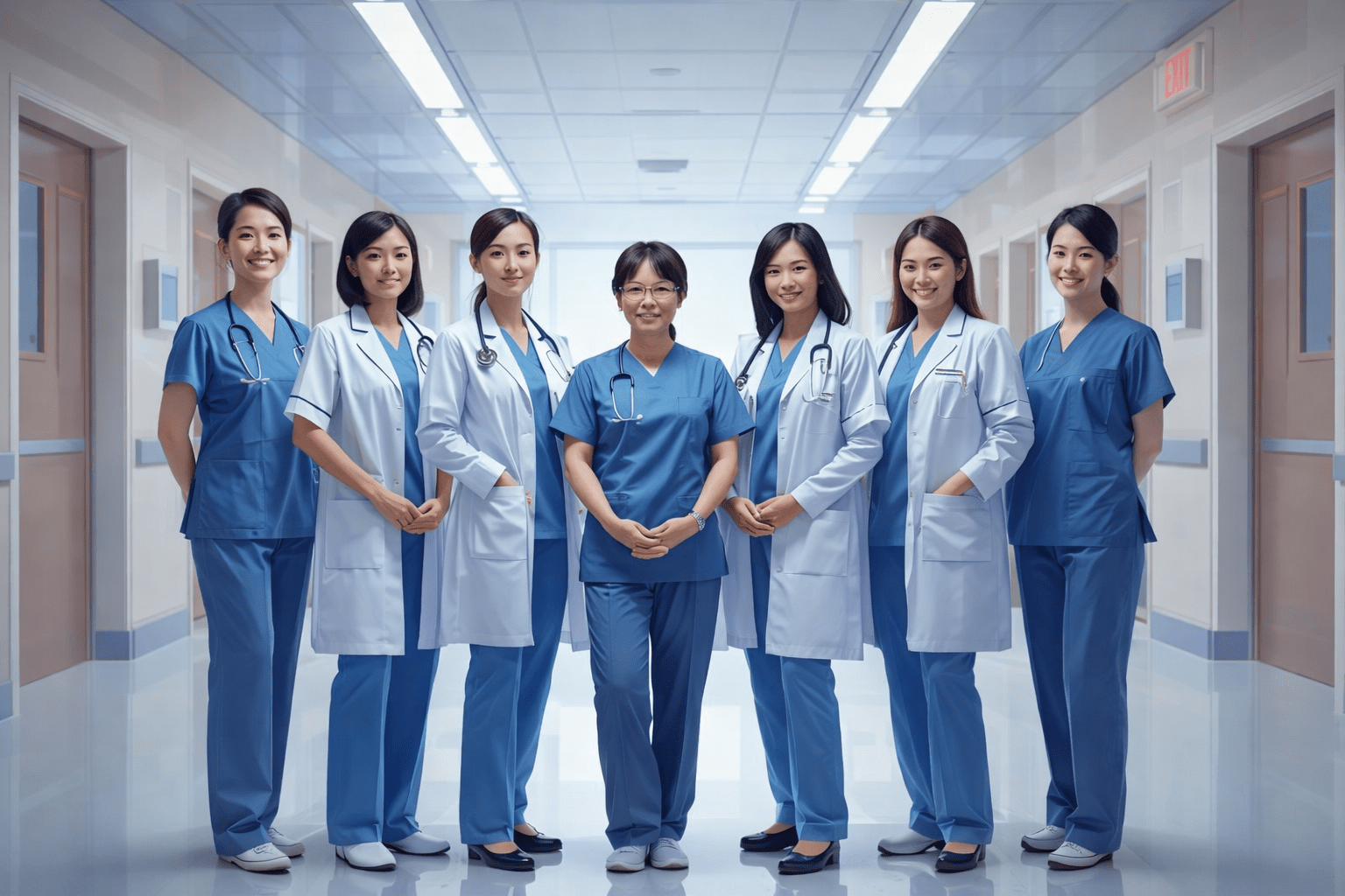 Healthcare Support Team Standing Together in a Hospital Hallway