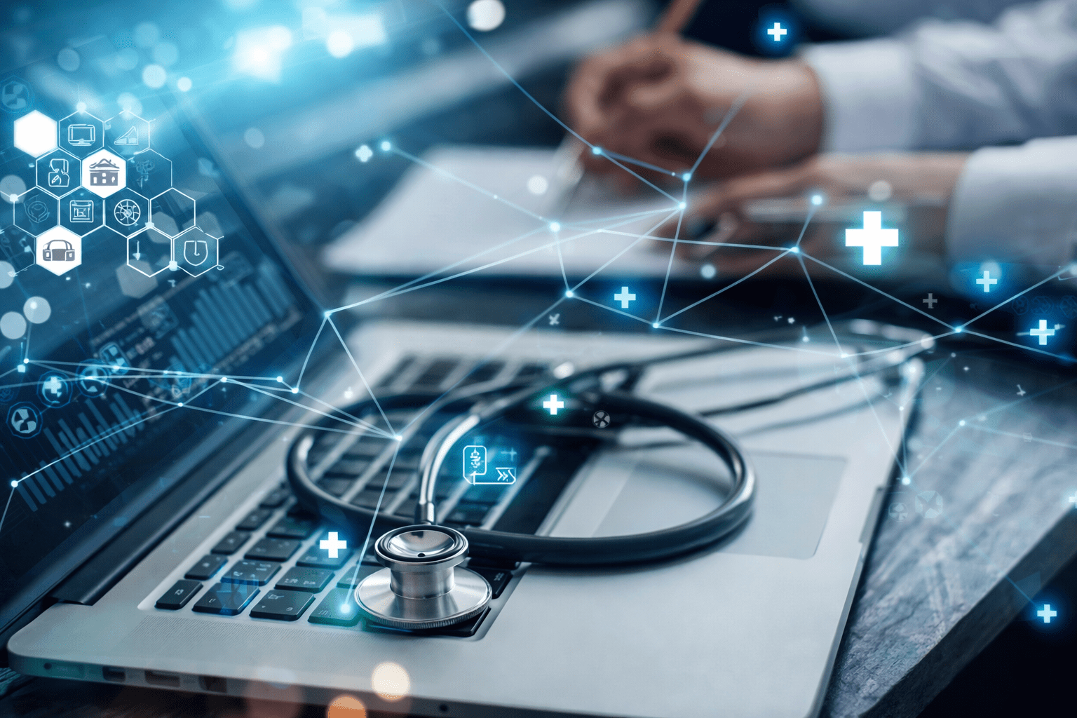 Medical Billing and Analytics Workspace With Stethoscope, Laptop, and Digital Data Overlay