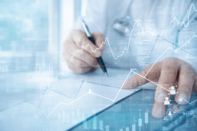 Doctor Analyzing Patient Data on a Tablet with Digital Healthcare Charts Overlay