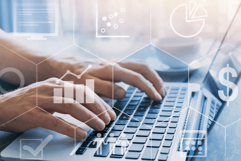 Hands Typing on a Laptop with KPI and Performance Analytics Overlay